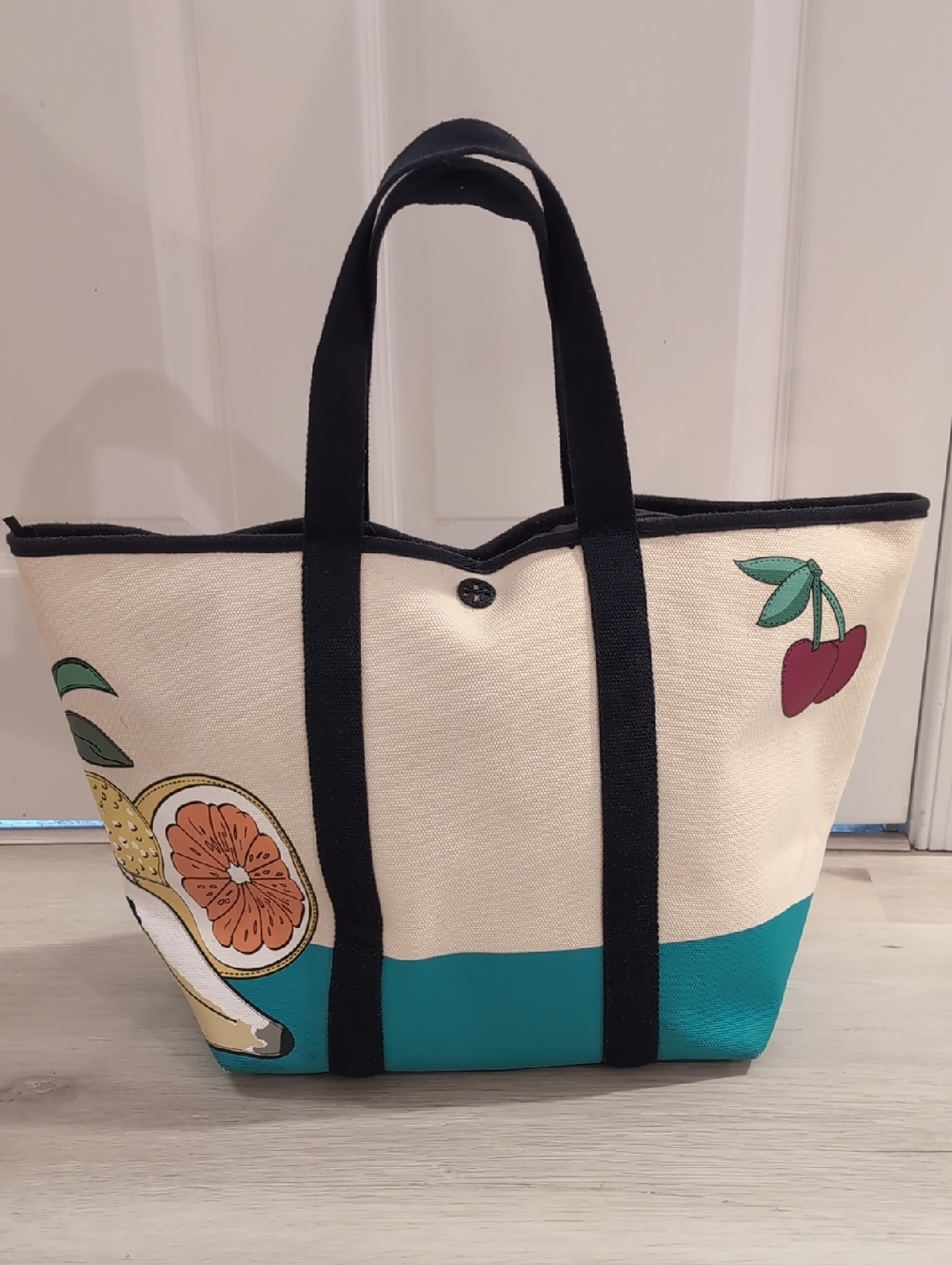 Unique Tory Burch Canvas Fruit Tote Bag with Navy Trim - Cream and Teal